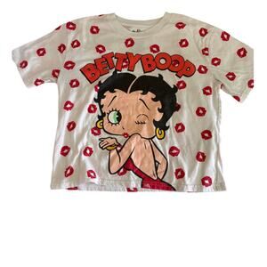 Y2K Betty Boop Lipstick Print Graphic Tee White Short Sleeve M